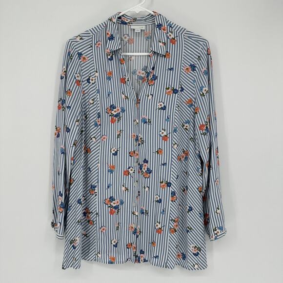 J.Jill Shirt Womens Medium Petite Blue Stripe Floral Button Front Long Sleeve - Picture 1 of 8